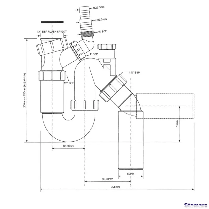 Sifons izlietnei cauruļveida ar papildus pieslēgumu un gaisa vārstu TP31VW50