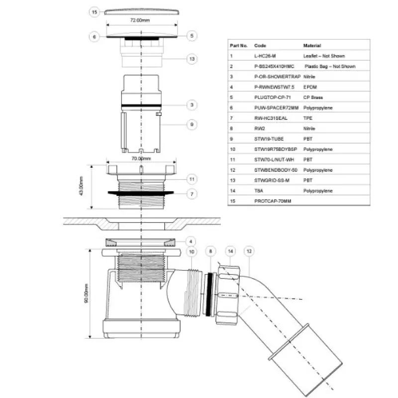 Sifons dušas paliktnim ar  tīrīšanu no augšpuses